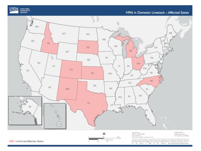 According to the latest data from the US Department of Agriculture, states with H5N1 virus infections in dairy cows.